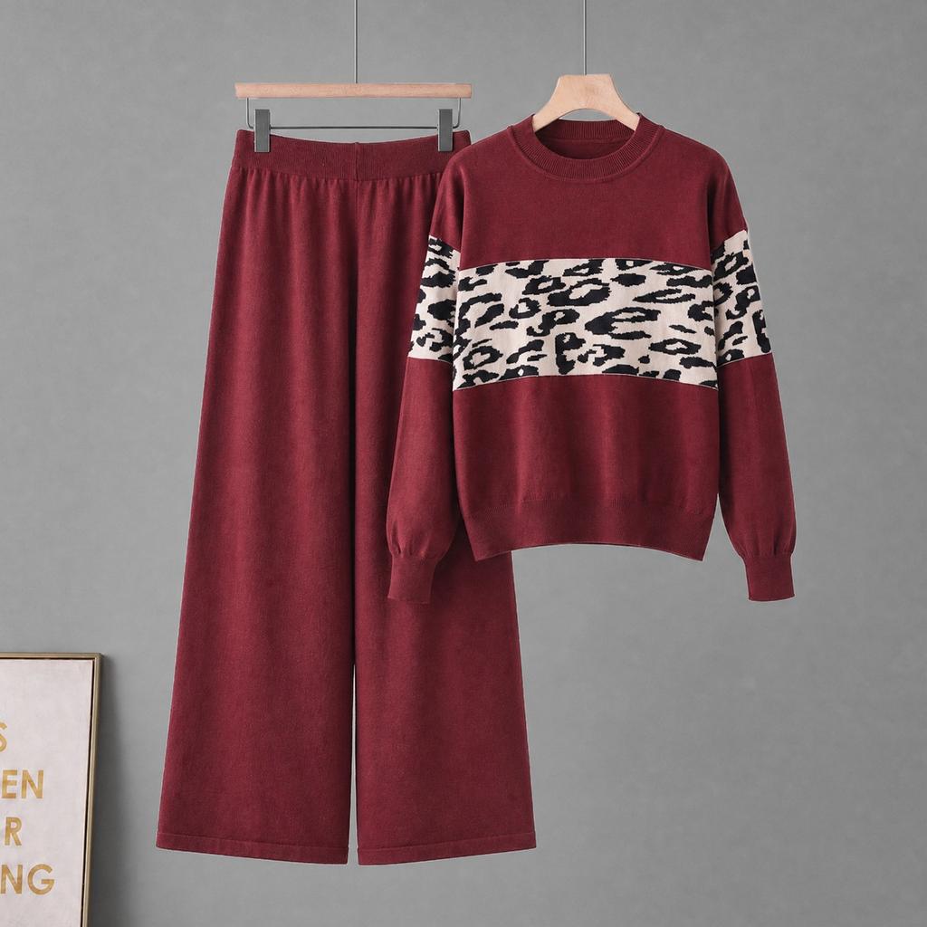 European and American leopard print knitted suit women's two-piece set autumn and winter round neck long-sleeved top casual wide-leg pants suit women