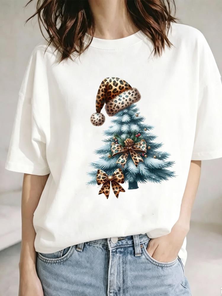 (Asian Size) watercolor sweet cute Christmas Festival Tee Clothing New Year T Shirt Women Fashion Top Print Woman Short Sleeve Graphic T-shirts