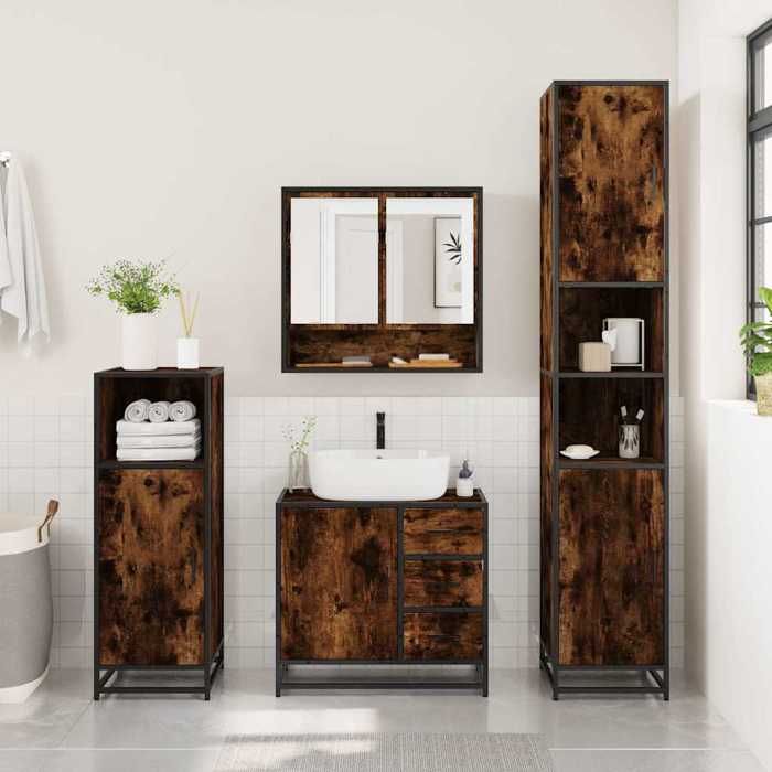 VidaXL Ensemble meubles salle de bain 4 pcs chêne fumé bois ingénierie, armoire de salle de bain, armoire de rangement de 3301227