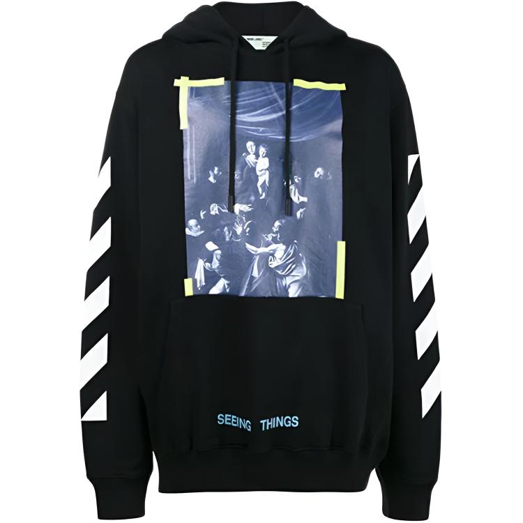 Off-White Yellow Striped Character Oil Painting Hoodie Long Sleeve Sweatshirt Men Tops Black OMBB003F170030161001
