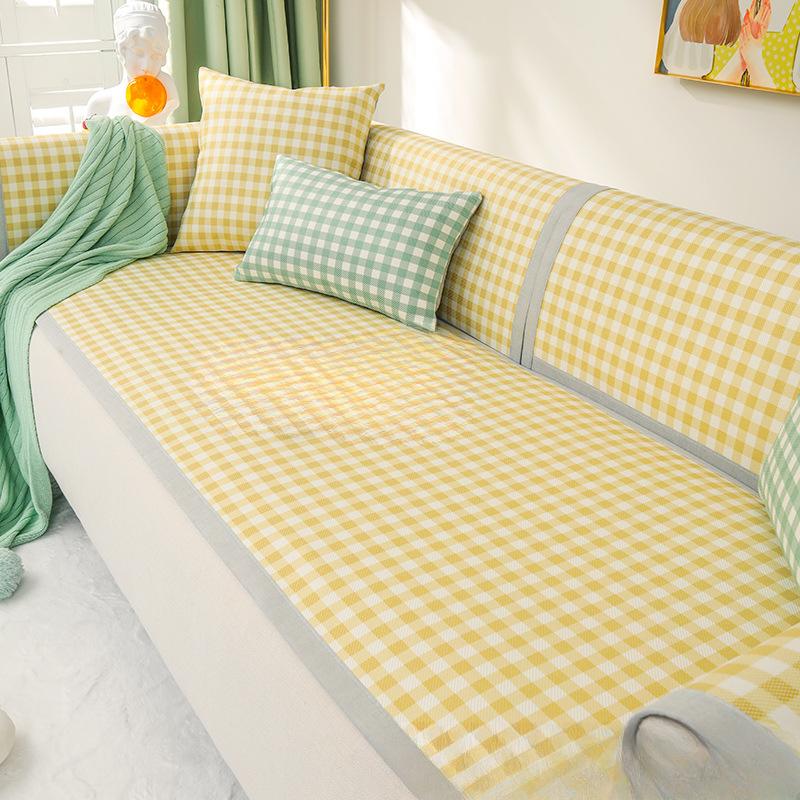 Pernă de canapea de vară anti-alunecare Mică pernă de șezut din mătase de gheață în carouri pentru vară, stil simplu de vară, prosop cu spătar proaspăt husă de canapea