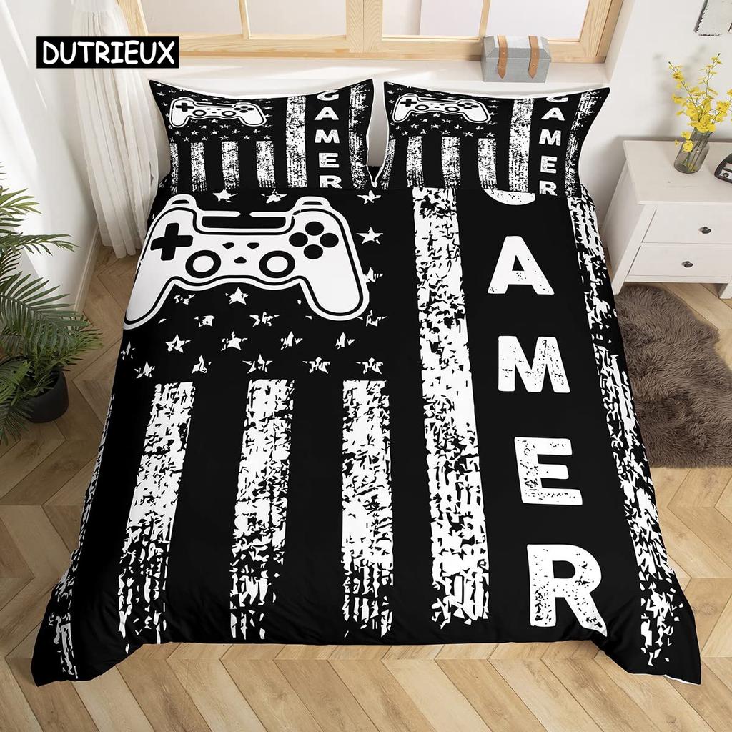 Gamepad Duvet Cover Set Queen Video Game Twin Bedding Set Microfiber Green Cartoon Gamer Pattern Electronic Theme Quilt Cover