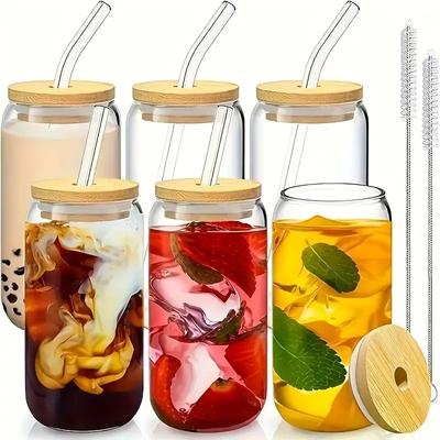 4/6 kusov, sklenený pohár, 17,8 oz/550 ml sklo s viečkom a slamkou, pohár na vodu Mason jar, pohár na ľadovú kávu, sklenený pohár s bambusovým viečkom,