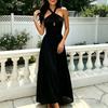 Ärmelloses Damen-Maxikleid mit Neckholder, gekreuzter Rücken, gerafft, rückenfrei, mehrstufig, A-Linie, schwingend, formell, Cocktail