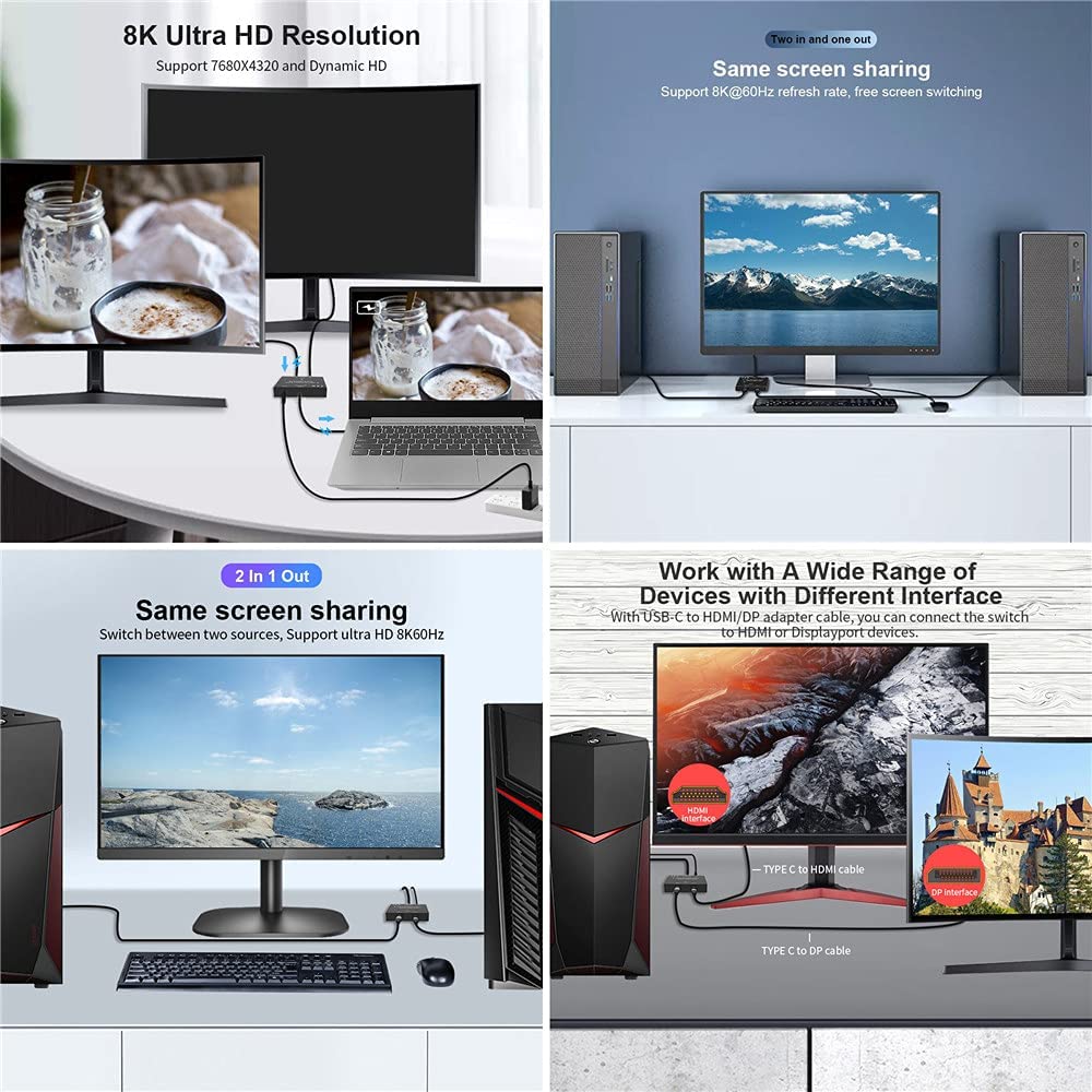 Bidirectional Switch MST Hub Support Video Data PD 100W 10Gbps USB-C Type-C 1~2 8K@30hz