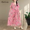 Prairie Chic Plus Size Summer Women Vintage Dress O Neck Pink Floral Print Oversized Gown Retro Short Sleeve Cotton Baggy Dress