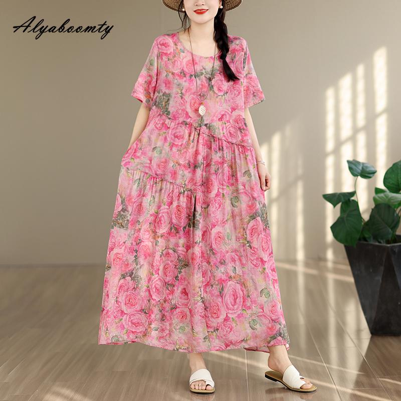 Prairie Chic Plus Size Summer Women Vintage Dress O Neck Pink Floral Print Oversized Gown Retro Short Sleeve Cotton Baggy Dress