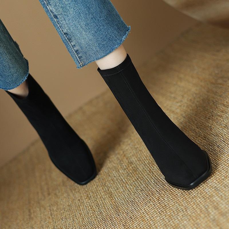 Wysokie Obcasy Damskie Botki 2025 Zima Moda Zamszowe Buty na Obcasie Nowe Kwadratowy Nosek Eleganckie Damskie Botki