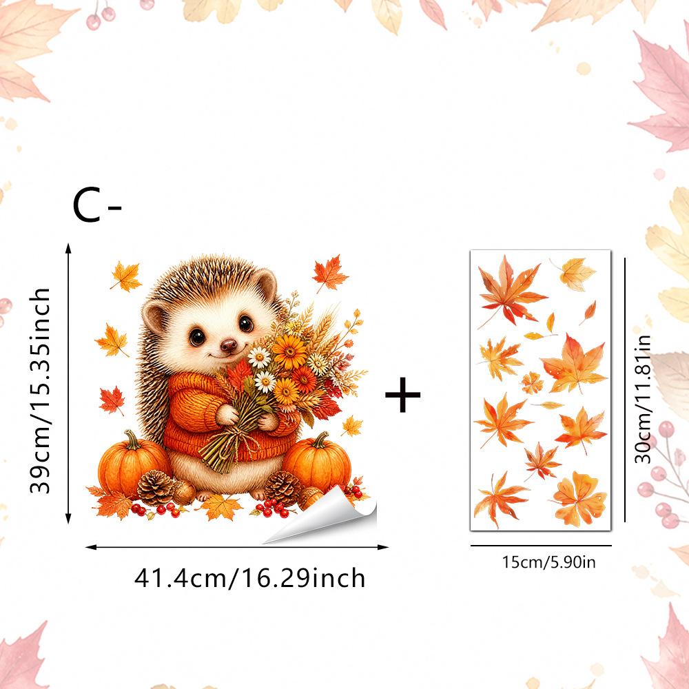 1pcs Fall Cute Ghost Hedgehog Static Window Clings, Thanksgiving Halloween Pumpkin Maple Leaf Window Stickers, No Glue Reusable