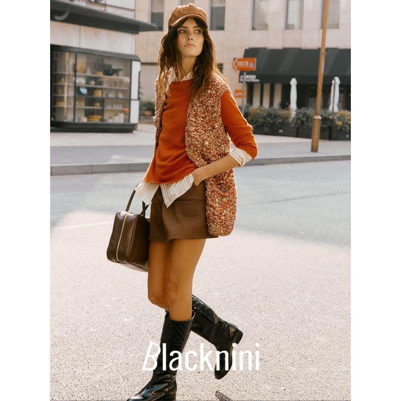 Blacknini Yin Waffle/"Christmas Eve" Du + Gold Leaf Feather Yarn Handmade Mohair Knitting Short/Long Vest