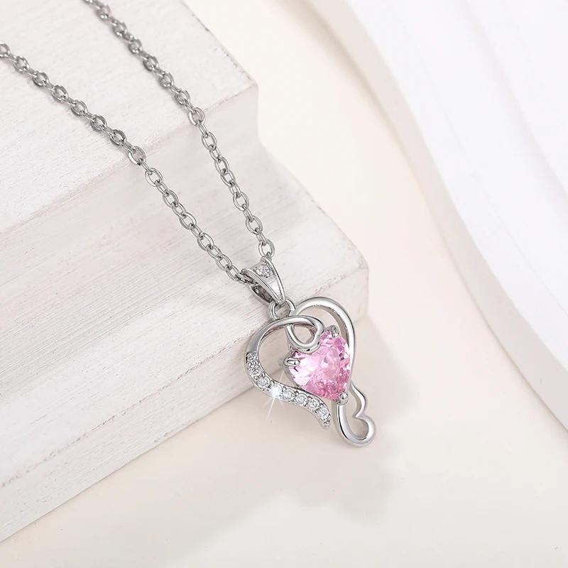 Xiaomi Huitan Temperament Sweet Bridal Wedding Necklace Heart Pink CZ Pendant Luxury Silver Color Aesthetic Love Jewelry for Women