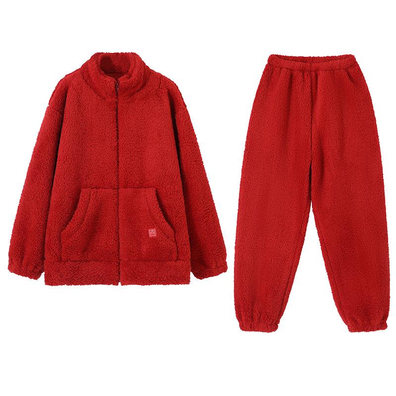 Pajamas Women'S Autumn And Winter Coral Fleece Thickened And Fleece Red Birth Year Flannel Winter Zipper Loungewear