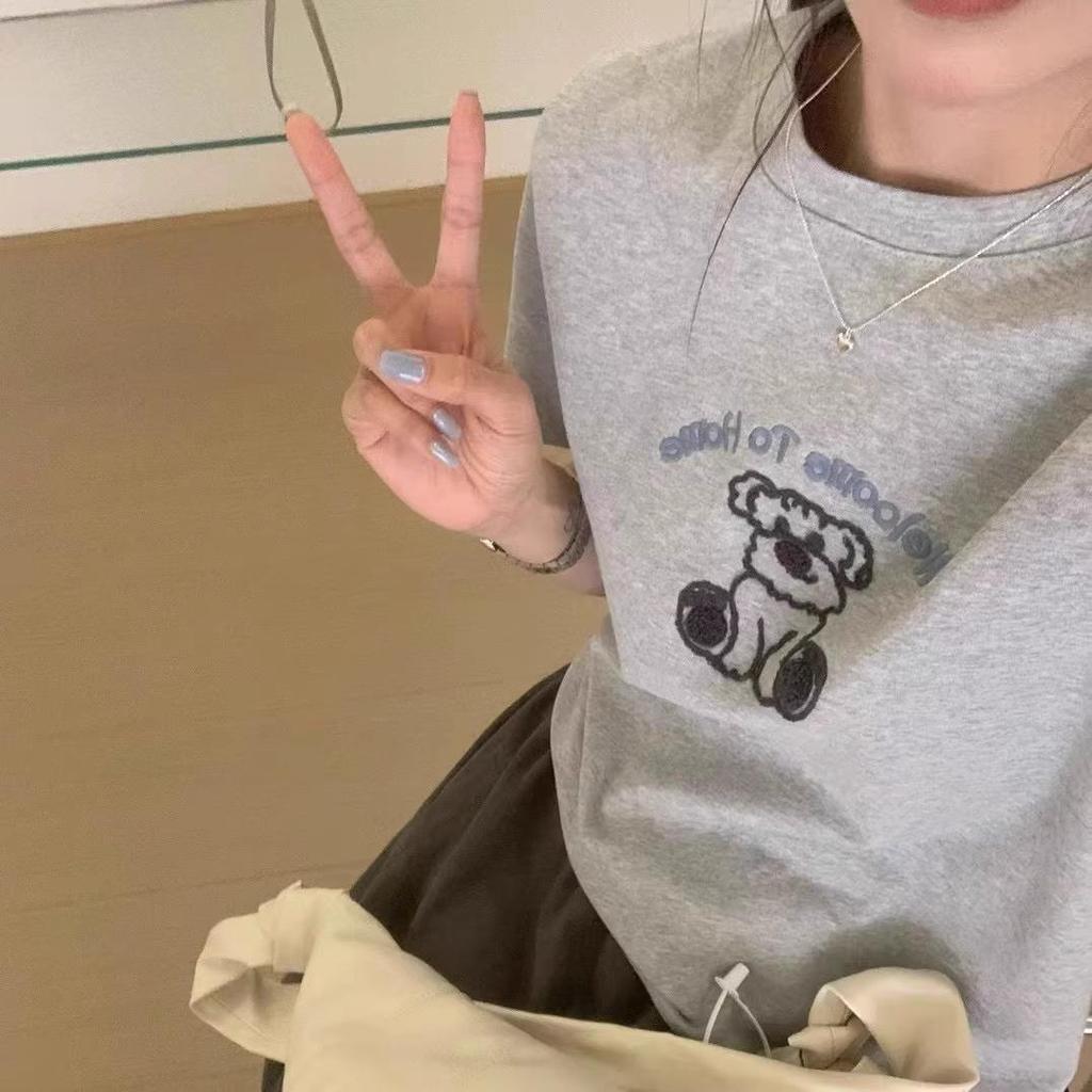 Spring/Summer 2025 Korean Cartoon Bear Embroidered Loose Short Sleeve T-Shirt for Women