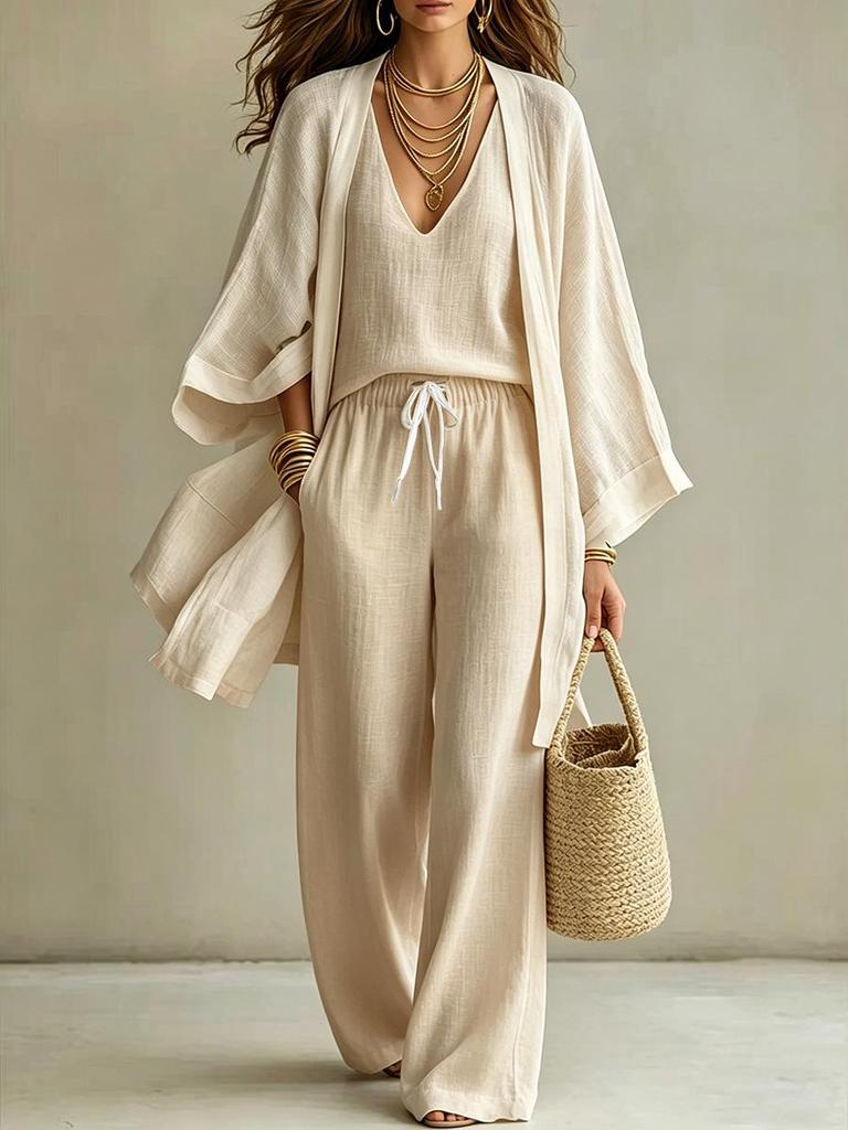 European/American Spring-Fall Three-Piece Set: Loose 9-Sleeve Cardigan, Sleeveless Vest, and Long Pants.