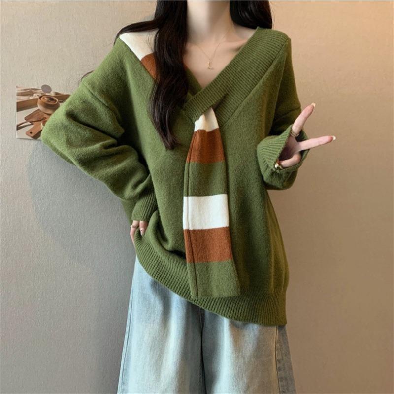 

Осенне-зимний полосатый свитер с V-образным вырезом и имитацией шарфа, женский новый ленивый ветер, свободный вязаный свитер, толстый топ one size fits all зелёный