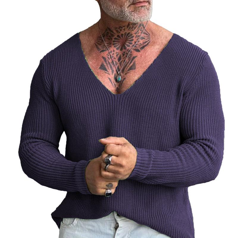 Men's V-neck Wool Knit Sweater Pullover for Autumn and Winter