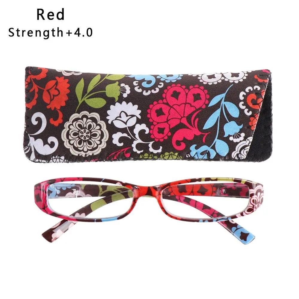New Fashion Women Flower Print Resin Reading Glasses Spring Hinge Rectangular Presbyopic +1.0~+4.0 with Pouch