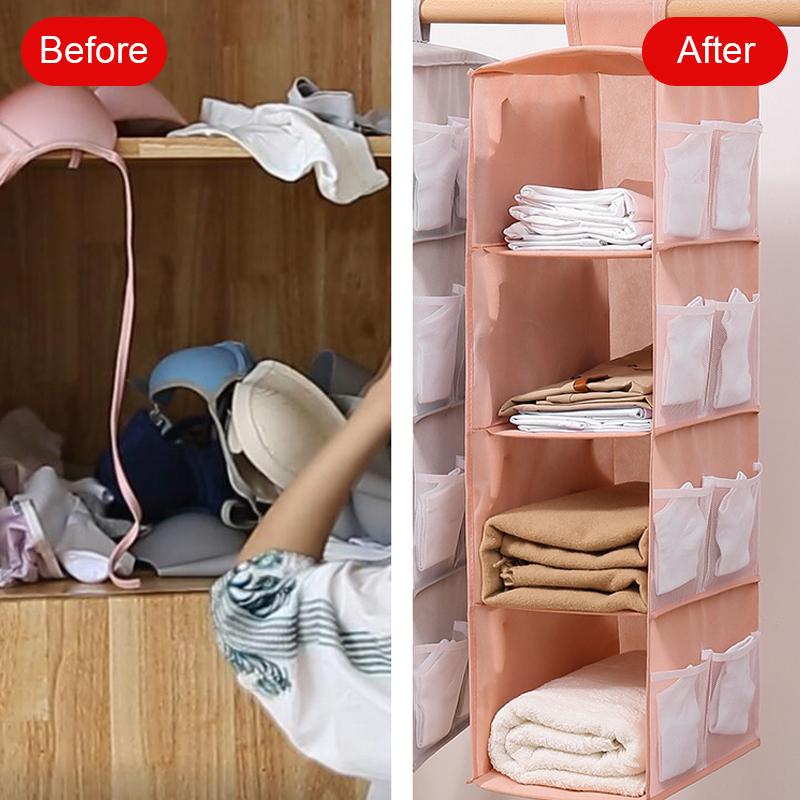 Non-woven Washable Wardrobe Multi-Layer Folding Hanging Bag for Bra, Socks Storage Organizer, Clothes Organizer