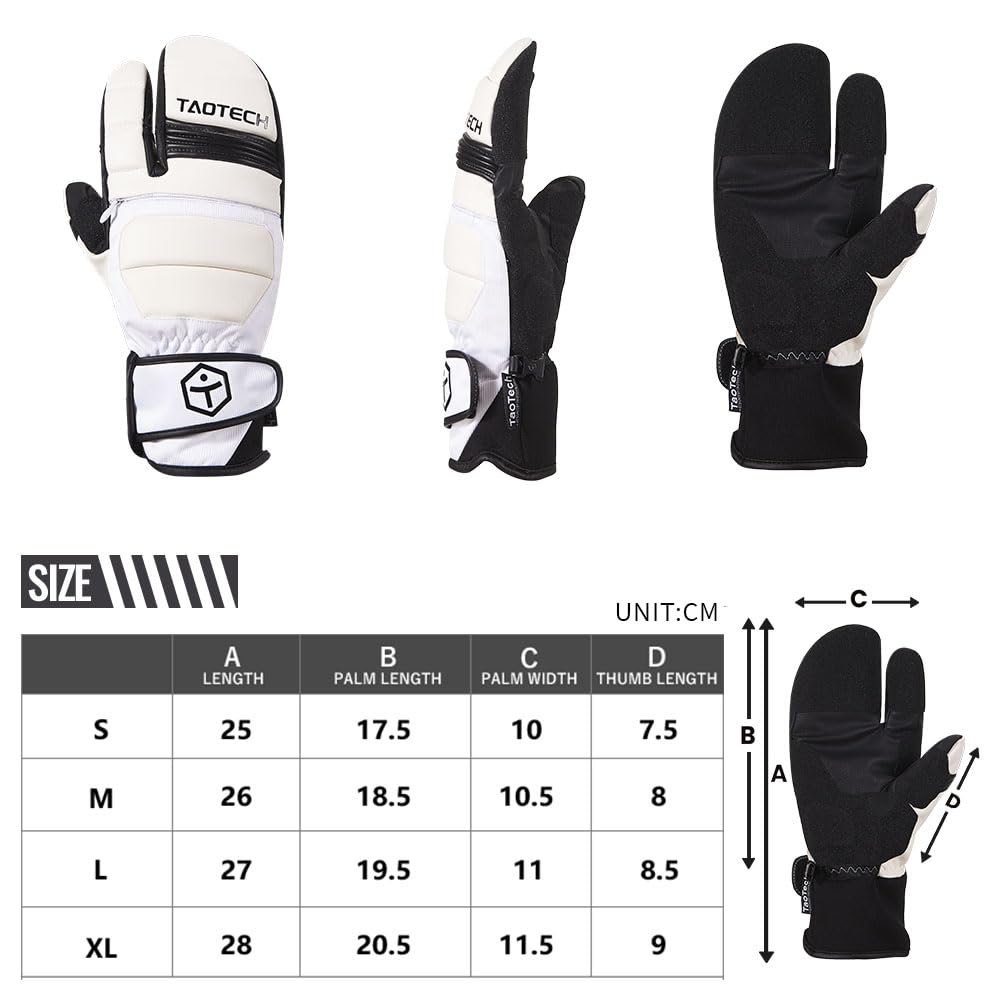 TaoTech Snowboard Trigger Gloves with Wrist Guards, Men's and Women's Ski Gloves with Inner Protectors, Three-Finger Protection (Small, White)