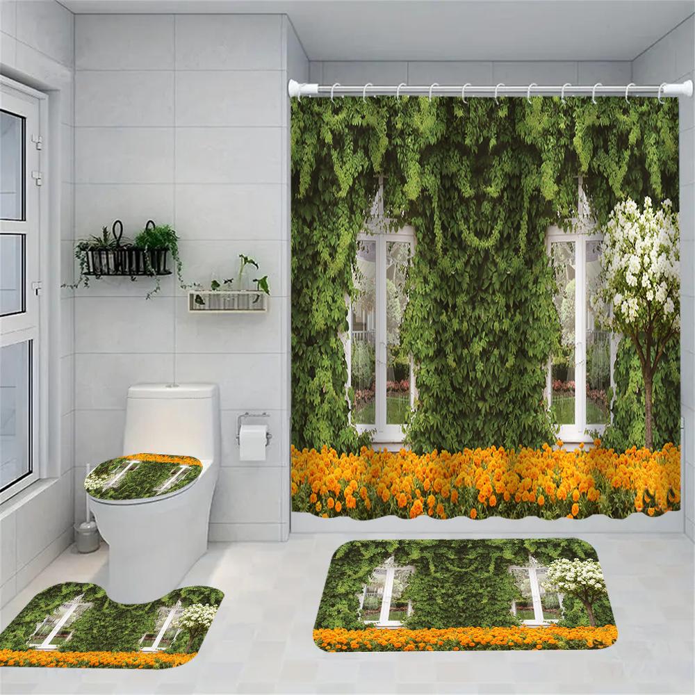 1/4 Forest Waterfall Print Shower Curtains, Toilet Seat Decoration, Shower Curtain with Carpet and Toilet Lid, 70.8x70.8 Inch