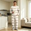 Men's Pajama Set Long Sleeve Top and Long Pants with Button Crotch and Elastic Drawstring Waist for Home Loungewear