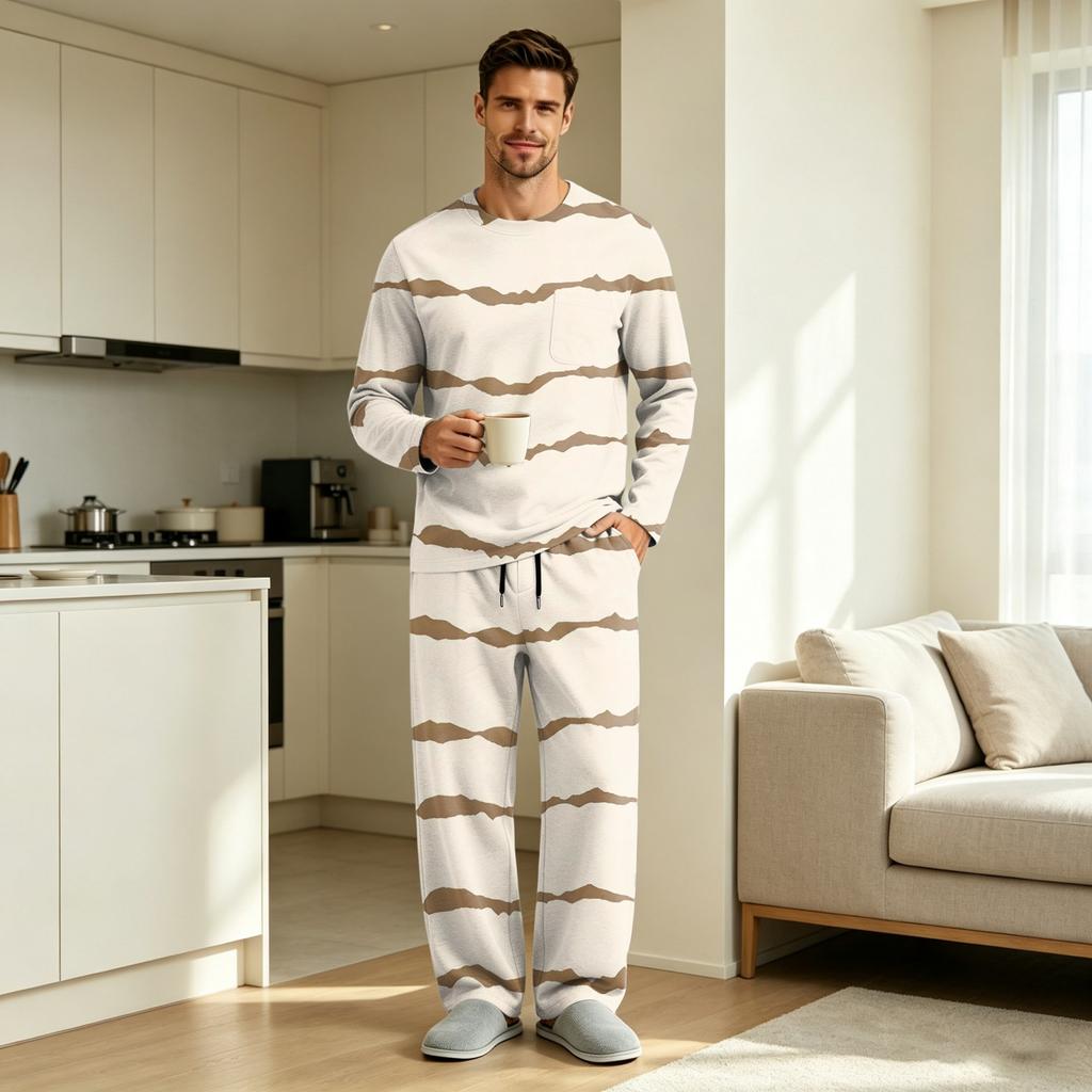 Men's Pajama Set Long Sleeve Top and Long Pants with Button Crotch and Elastic Drawstring Waist for Home Loungewear