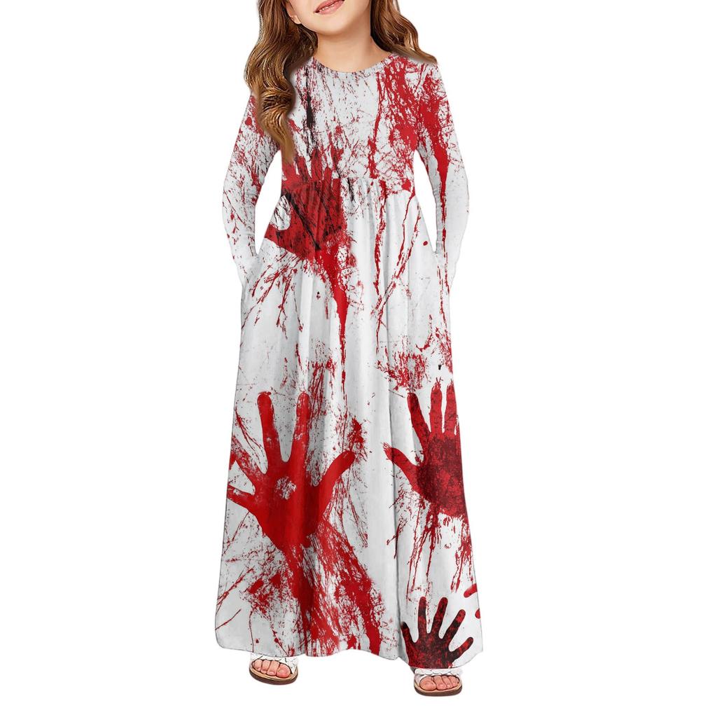 Mädchen Maxi Kleid Halloween Tag- Langarm Taschenkleid