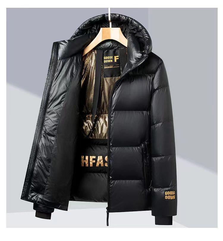 Unisex Kurze Glänzende Schwarze & Goldene Daunenjacke: Dick, Waschbar, Kältefest, Trendig, Hochwertig