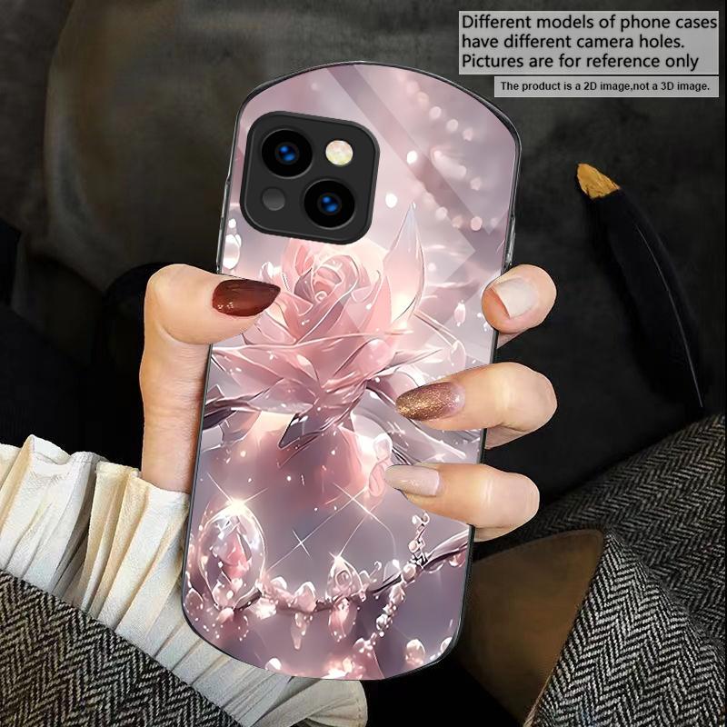 Ice crystal-colored roses For iPhone 17 16 15 14 Pro 13 Plus 12 mini 11 Pro Max XR X S 7 8 Elliptical Tempered Glass Phone Case