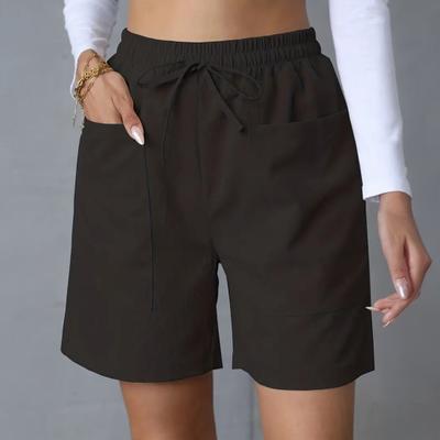 Women's Summer Shorts Casual Stretch Mid Waist Shorts with Pockets Drawstring Wide Leg