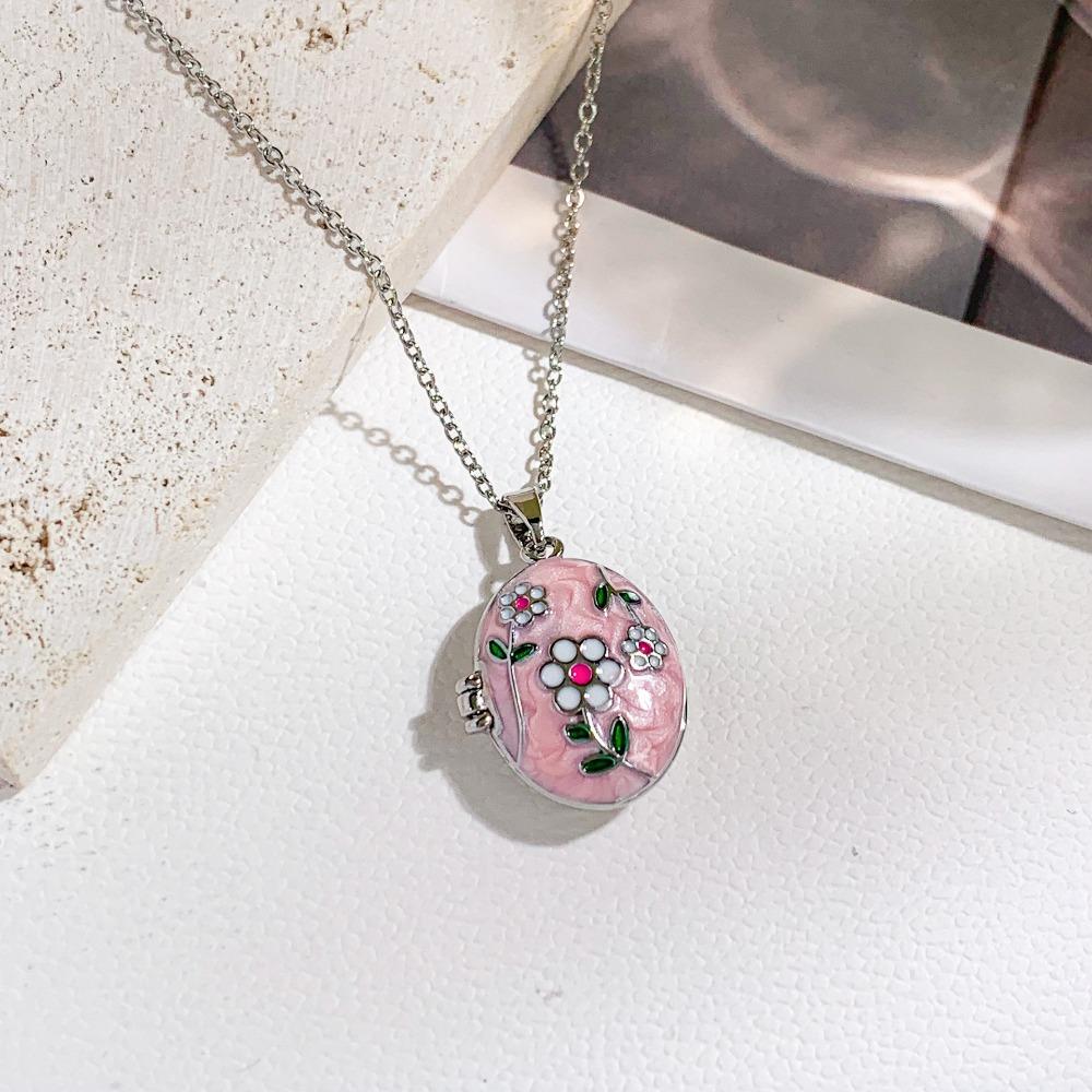 Opening and Closing Lid Photo Locket Pendant Necklace Titanium Steel Glazed Flower Choker Girl