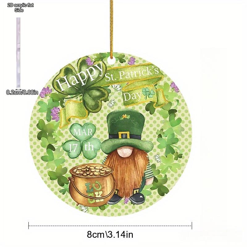St. Patrick'S Day Acrylic Ornament, 2D Flat Printed Round Pendant, Dwarf Elf & Clover Design, Multi-Purpose Hanging Decor, with No Electricity Needed 