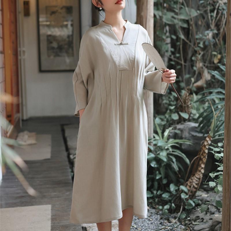 Johnature Women Vintage Dresses Stand Long Sleeve Spring Cloths Solid Color Fold Button A-Line Dresses