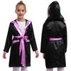 Kids Boys Boxing Robe Boxer Cosplay Costume Long Sleeve Metallic Trim Satin Hooded Cloak Kickboxing Gown for Halloween Party