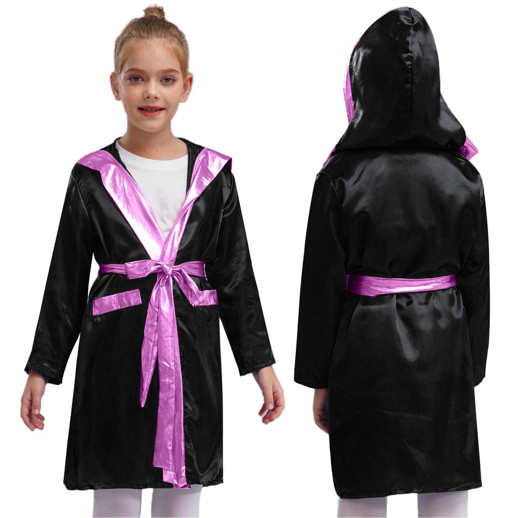 Kids Boys Boxing Robe Boxer Cosplay Costume Long Sleeve Metallic Trim Satin Hooded Cloak Kickboxing Gown for Halloween Party