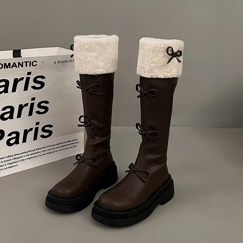 Autumn Winter Short Plush Woman Knee High Boot Fashion Butterfly-knot Knight Long Booties Botas Feminino