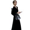 High sense French Hepburn style small black dress evening dress with coat backing black golden velvet dress women's autumn
