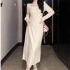 Large Size French Design Square Neck Long Sleeve Front Shoulder Dress Women's Winter Fat Mm Waist Thin Inner Bottom Skirt
