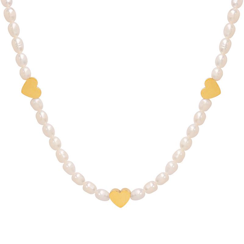 Korean Sweet Peach Heart & Pearl Titanium Necklace