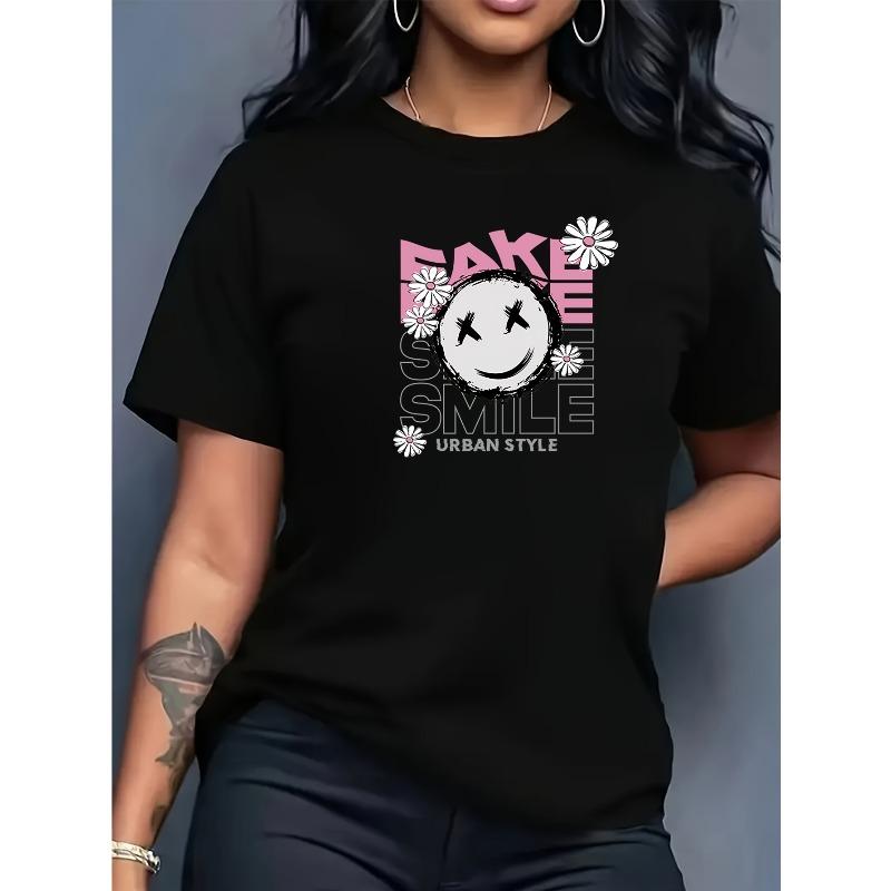 

Women joyful Face T-Shirt - Black Short Sleeve Round Neck Top with joyful & Color-Blocking, Casual Casual Attire,- Versatile Blouse for Women S чёрный