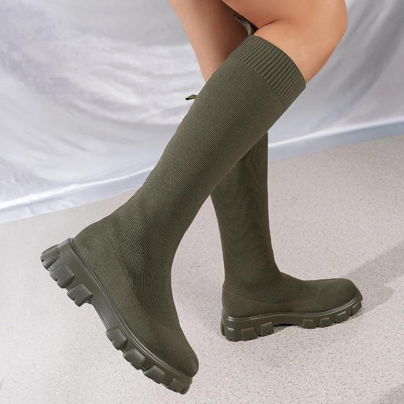 Fashion Thick Sole Knitted Long Boots for Women Fashion Elastic Socks Shoes Boots Over Knee Round Toe Low Heels Botas  2024