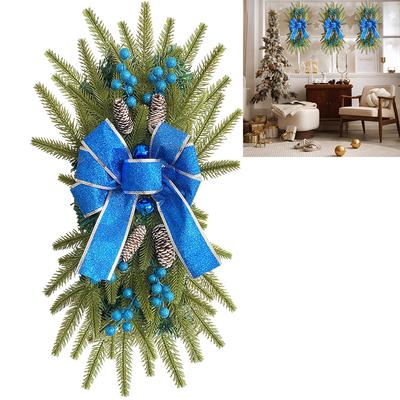 Christmas Simulation Garland with Silk Ribbon Wall Window Hanging Ornament Trim Garland Prelit Stairway Swag Trim for Home Decor
