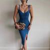2026 Elegant Solid Color Ribbed Cami Bodycon Midi Dress Women V-Neck Sleeveless Stretch Fit All Season Wear