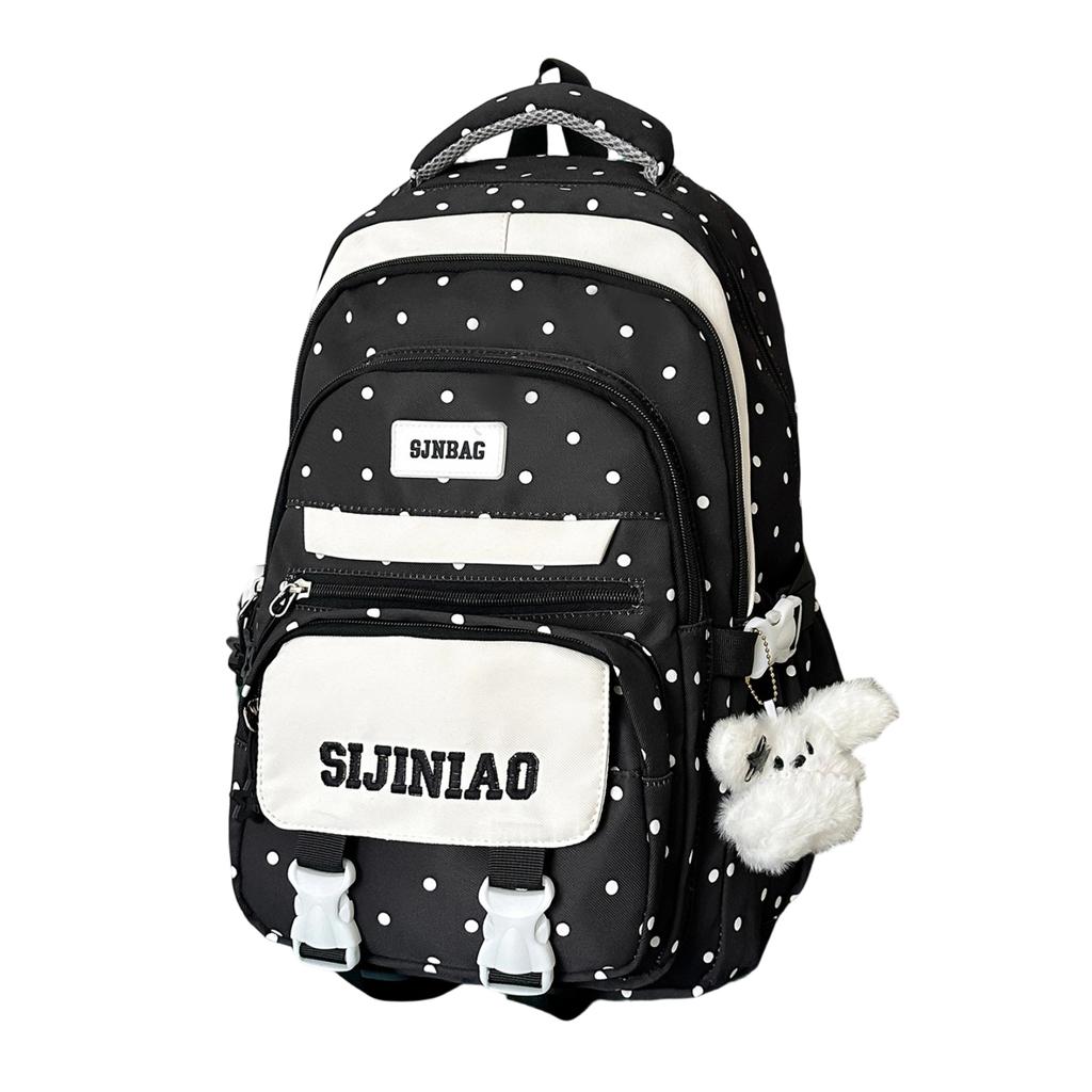Girls Lightweight School Backpack with Polka Dot Color Block and Charm Pendant for Teen Students
