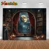 Mocsicka Halloween Background Ancient Night Moon Bat Indoor Home Bookshelf Decorations Child Baby Portrait Photo Backdrop Banner