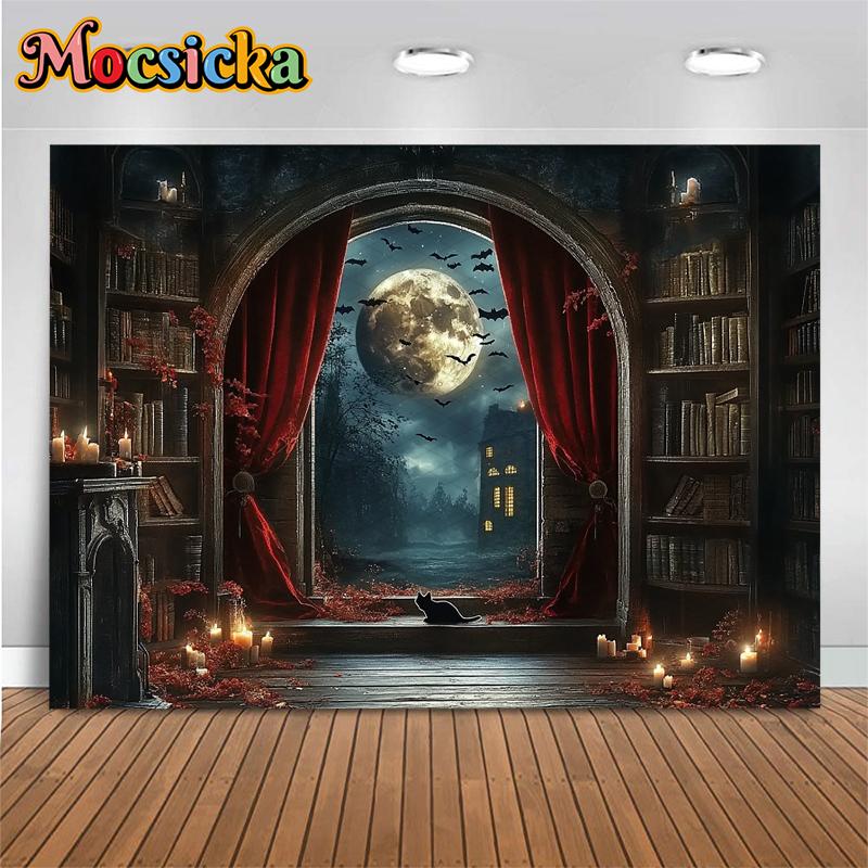 Mocsicka Halloween Background Ancient Night Moon Bat Indoor Home Bookshelf Decorations Child Baby Portrait Photo Backdrop Banner