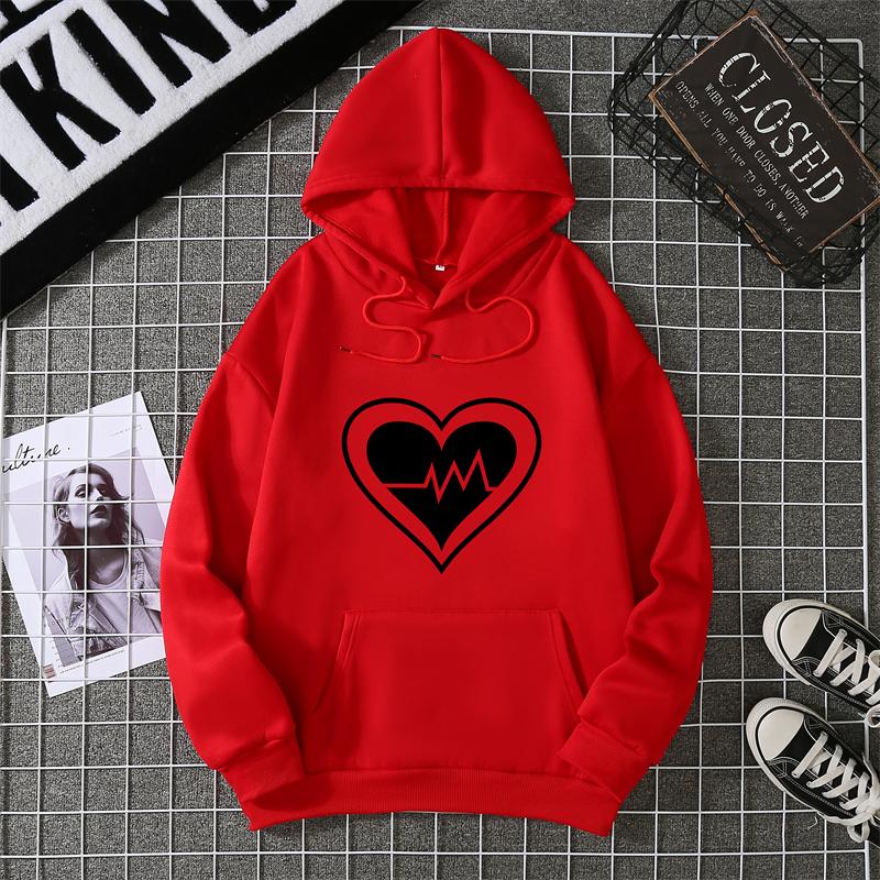 Women's Fleece Lined Hoodie Solid Color Heart Print Kangaroo Pocket Drawstring Printed Hooded Sweatshirt Streetwear
