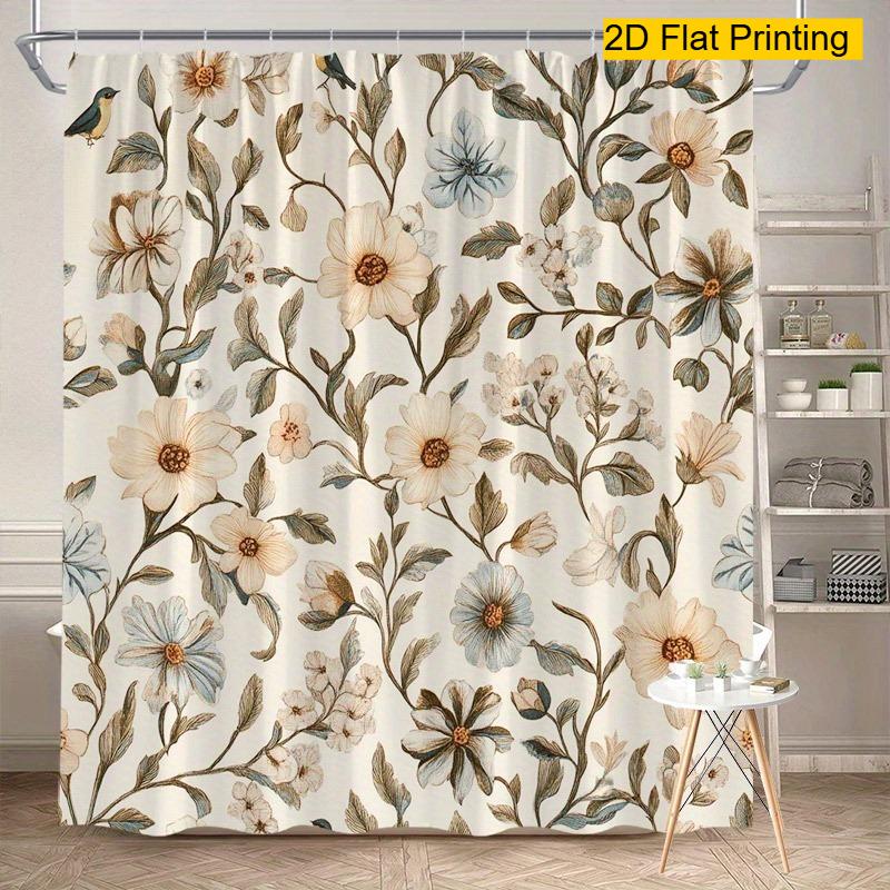 2D Flat, 1pc HAROLOEN Vintage Botanical Floral Shower Curtain Suitable for Bathtub, Peony Rose Daisy Print with Hooks, Beige Cre