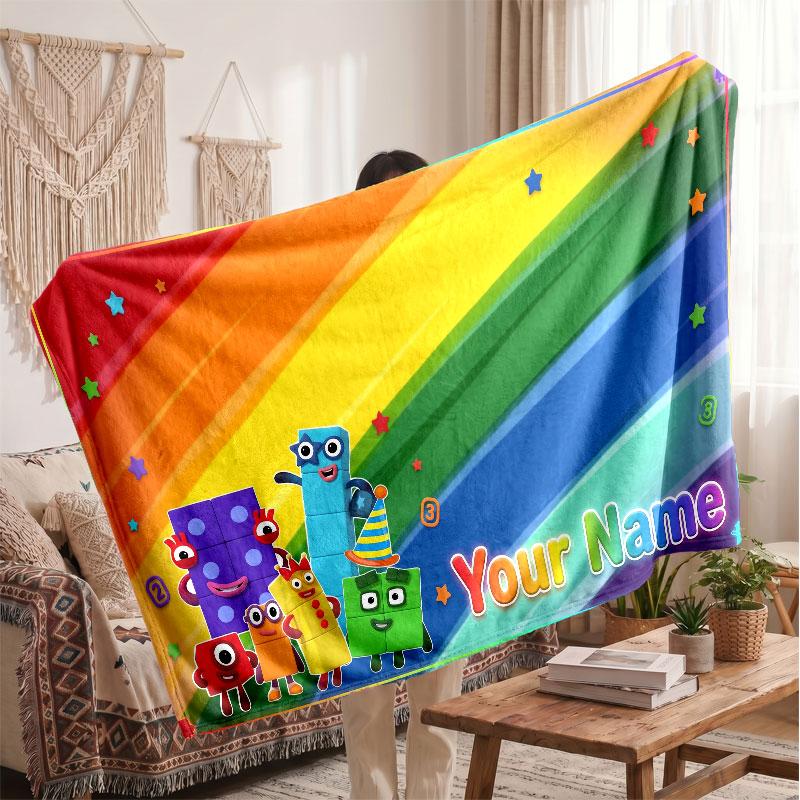 Numberblocks Personalized Flannel Blanket, Custom Printed Text Name, Warm Soft Blanket For Couch Bed