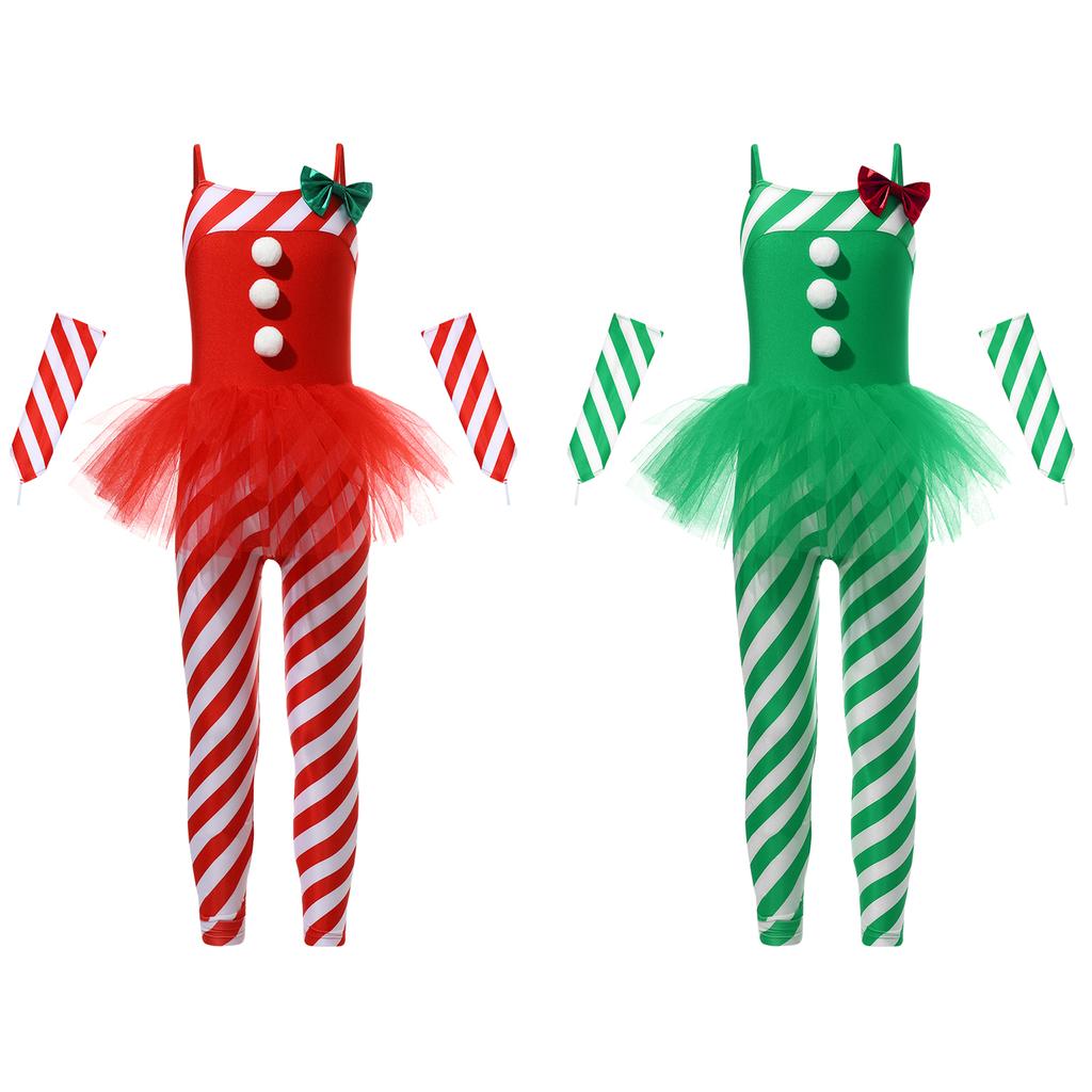 Girls Christmas Candy Cane Costume Sleeveless Striped Tulle Peplum Jumpsuit Santa Claus Dancewear Arm Sleeves
